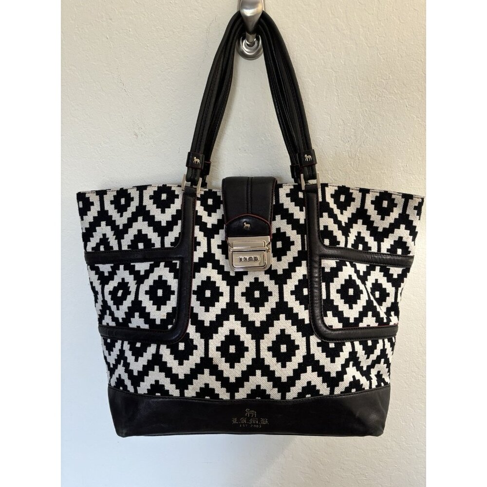 L.A.M.B. Black & White Geometric Canvas Tote with Leather Trim